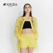 kkrizia黄色时尚性感，摩登蕾丝镂空格纹，衬衫长袖女