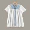 B1日单外贸夏季雪纺蕾丝宽松娃娃领泡泡短袖甜美白色衬衫漂亮小衫