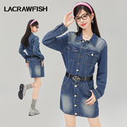 lacrawfish美式学院复古长袖，牛仔连衣裙女收腰显瘦直筒包臀短裙