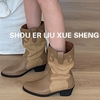 首尔留学生靴子女欧美范尖头宽筒围粗跟牛仔靴中筒西部女靴东大门