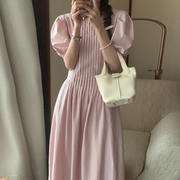 韩国chic夏季气质减龄娃娃领压褶设计感系带收腰显瘦泡泡袖连衣裙