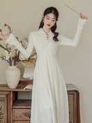 秋季复古中式改良旗袍，温柔风甜美淑女气质，白色修身收腰显瘦连衣裙
