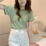 批 发夏季女装韩版显瘦修身短袖T恤弹力冰丝短款条纹针织衫潮