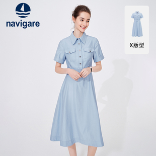 天丝navigare意大利小帆船蓝色衬衫连衣裙，女夏季短袖显瘦长裙