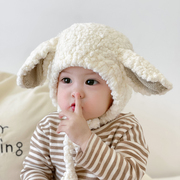 宝宝帽子冬款羊耳朵护耳婴儿毛绒帽(毛绒帽)男孩女童，秋冬季加厚儿童毛线帽
