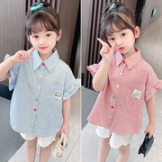女童夏装衬衫香风刺绣幼儿园小学格子花边木耳边棉布网红短袖