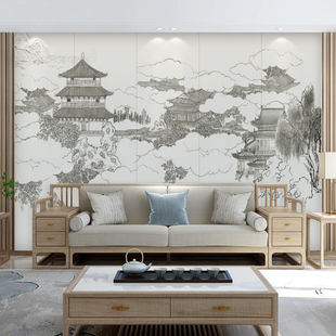 现代新中式山水墙纸楼阁，雅致意境风壁画，客厅沙发背景墙布茶室壁纸
