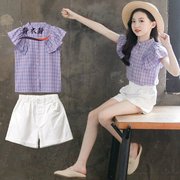 韩版粉红女孩2023白色短裤两件套小清新清爽夏季格子套装