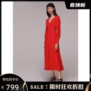 WHISTLES长袖连衣裙红色露背A字高腰飘逸大摆优雅英伦淑女气质