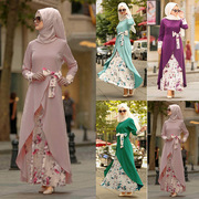 23跨境外贸女装中东迪拜马来，印尼国风复古印花长袖拼接大摆连衣裙
