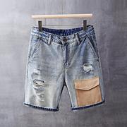 夏季潮牌男士牛仔短裤个性拼色工装口袋宽松直筒夏天五分裤子