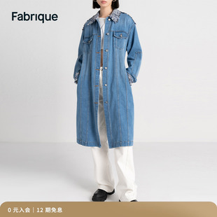 Fabrique深蓝色收腰系带花呢拼接毛边中长款牛仔风衣外套女士大衣