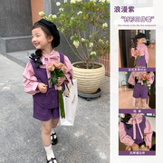 依依妈2023秋季女童洋气套装，儿童紫色马甲，+短裤+蝴蝶结衬衫三件套