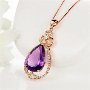 时尚紫水晶吊坠女水滴梨形镀玫瑰金锁骨项链彩色宝石项饰品厂