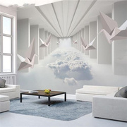 北欧电视背景壁纸，18d立体壁画延伸空间，墙布客厅沙发白云影视墙纸