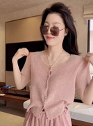 品牌折扣短袖针织开衫女春季修身显瘦单排扣纯色圆领上衣