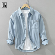 舒适牛仔衬衫，百搭休闲，春季日系复古水洗浅蓝色男牛仔衬衫外套