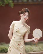 改良版旗袍年轻款少女小个子短款国风水墨荷花，新中式连衣裙女夏季