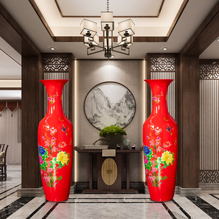 高档陶瓷中式中国红落地大花瓶客厅装饰器摆件大号特大