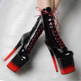IDEAL MA 17-20厘米超高跟钢管舞短筒靴圆头黑红色欧美时装细跟靴