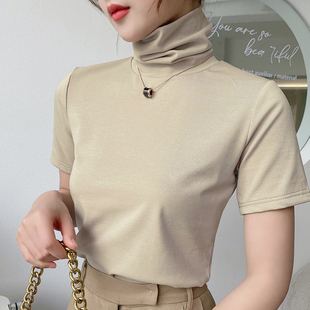 精梳新疆棉夏装设计感小众紧身t恤高领，短袖女气质洋气堆堆领欧货