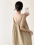 法式棉麻无袖背心裙女夏季高级感冷淡风透气设计感露背茧型连衣裙