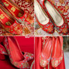 红色手工刺绣婚鞋新娘秀禾裙褂绣花鞋绢布粗多种跟中式结婚礼两穿
