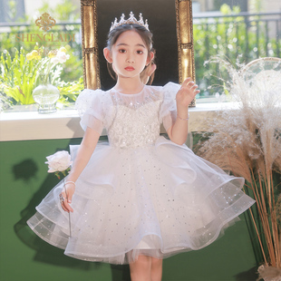 儿童礼服公主裙花童婚礼，小女孩春季白色婚纱钢琴主持人演出服女童