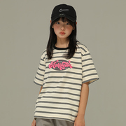 小女森女童夏季美式街头字母印花条纹T恤儿童圆领设计感短袖上衣