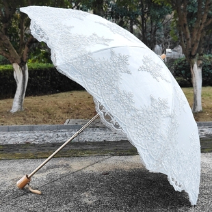 纯白色蕾丝刺绣花太阳伞黑胶二折防紫外线防晒遮阳晴雨两用洋伞