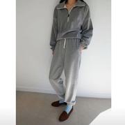 韩国modestmood灰色半拉链刺绣卫衣，卫裤两件套休闲运动套装