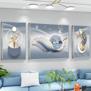 现代简约客厅装饰画轻奢沙发，背景墙壁画高档大气，三联墙壁挂画