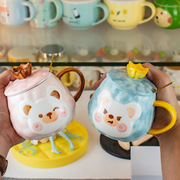 创意情侣卡通小熊手绘陶瓷马克杯带盖带勺家用办公室咖啡牛奶杯子