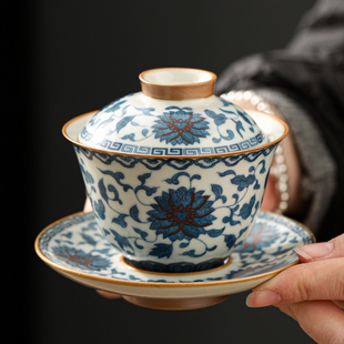 盖碗茶杯元青花三才茶碗高档单个带盖功夫茶具家用中式大号泡茶碗