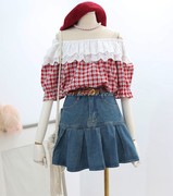 格子衬衫2024夏季女装法式少女韩国荷叶边蕾丝拼接一字领娃娃上衣