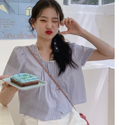 小清新少女风上衣韩国2023夏装短款系带短袖方领条纹衬衫