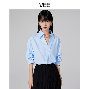 vee唯己赫本日记，夏季气质时尚小众设计感法式不对称门襟衬衫
