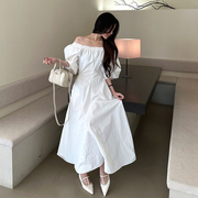 韩国女装lag2024夏季纯色，时尚宽松气质一字领长袖，长款连衣裙
