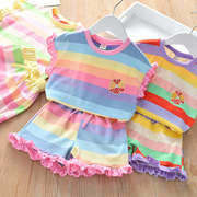 宝宝夏季条纹彩虹休闲套装，女童木耳边t恤+短裤二件套儿童装
