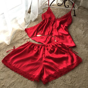春夏季大码性感蕾丝丝绸吊带短裤睡衣套装女士红色两件套可爱