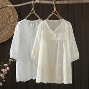 白色娃娃衫上衣2023年夏韩版宽松圆领套头蕾丝边镂空勾花短袖衬衫
