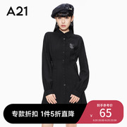 a21女装a字型衬衫裙女秋冬刺绣小黑裙腰带收腰短款连衣裙子