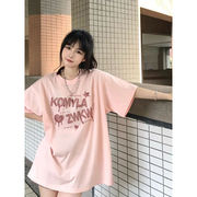 100%纯棉夏季日系甜妹穿搭浅粉色，短袖t恤女vintage字母印花体恤衫