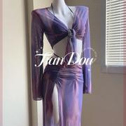 紫罗兰高级质感性感，分体裙式紫色，比基尼四件套游泳衣女超仙夏