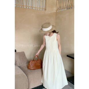 哟米yomi法式白色无袖，连衣裙女小个子温柔风压褶，设计夏季背心长裙