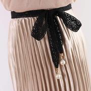 时尚蕾丝腰带女装饰镂空花边，珍珠黑色系带配裙子，细窄长条丝带飘带