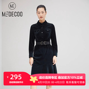 MEDECOO/墨蒂珂2021秋季修身气质衬衫领长袖女士灯芯绒连衣裙