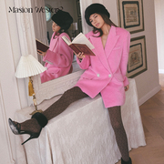 masionwester24女装玫红色，羊毛宽松版气质双排，扣西服外套上衣