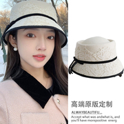 日系白色蕾丝小礼帽，女渔夫帽冬季复古优雅名媛，小香风羊毛呢盆帽潮