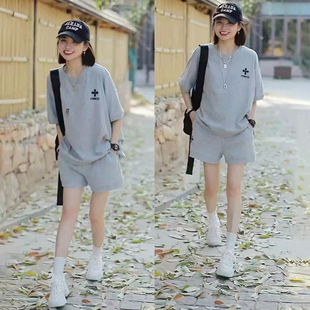 韩版学生宽松显瘦纯棉运动套装，女夏季时尚短袖短裤休闲两件套跑步